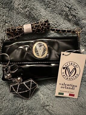 Valentino Orlandi Black Patent Crossbody with Gold-Tone Chain